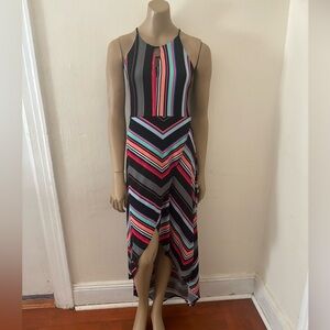 Striped high low racer back summer dess, with slight peekaboo bodice.